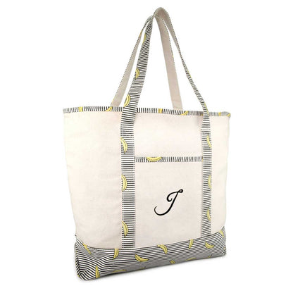 Dalix Personalized Shopping Tote Bag Monogram Initial Zippered Letter A-Z Banana