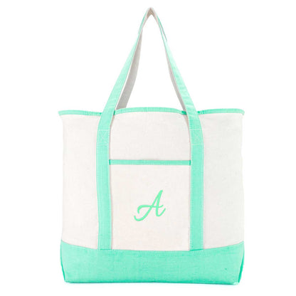 Dalix Monogram Tote Bag For Women Open Top Mint Green Personalized Letter A-Z