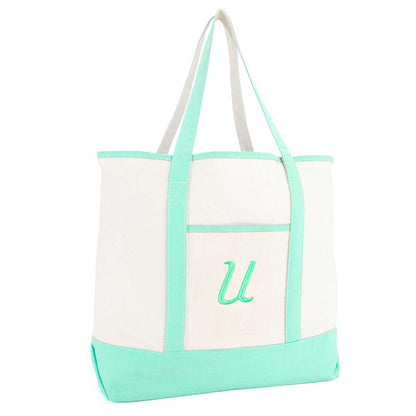 Dalix Monogram Tote Bag For Women Open Top Mint Green Personalized Letter A-Z