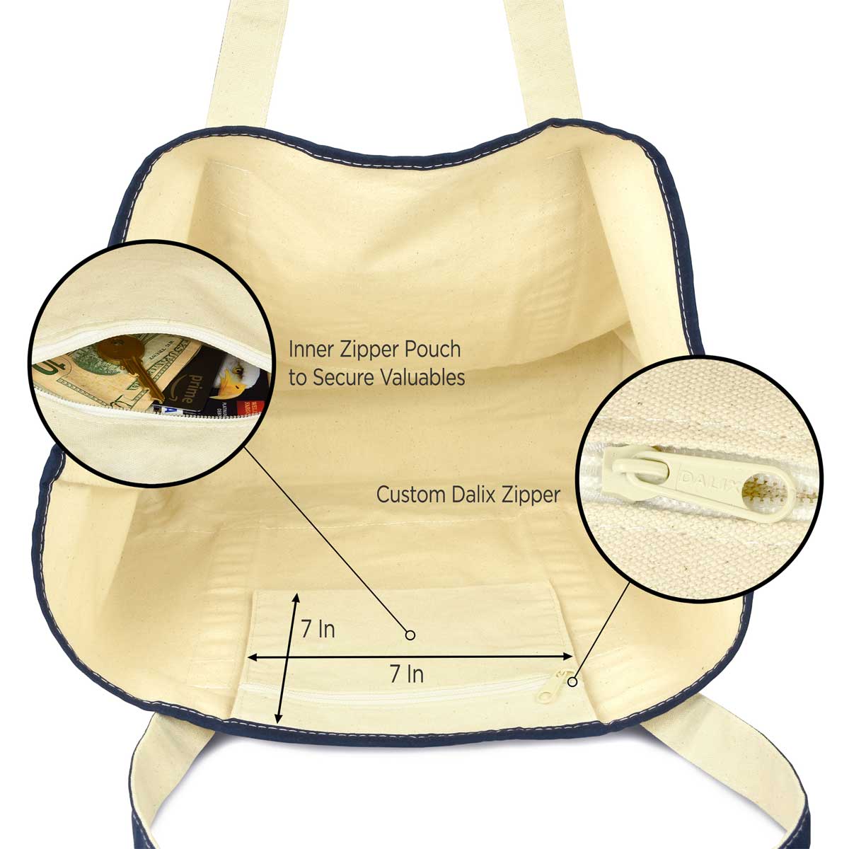 CUSTOM COTTON CANVAS TOTE BAG WITH INSIDE ZIPPER POCKET