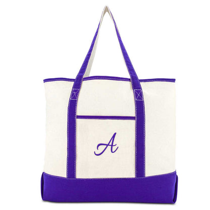 Dalix Women's Canvas Tote Bag Shoulder Bags Open Top Purple Monogram A-Z