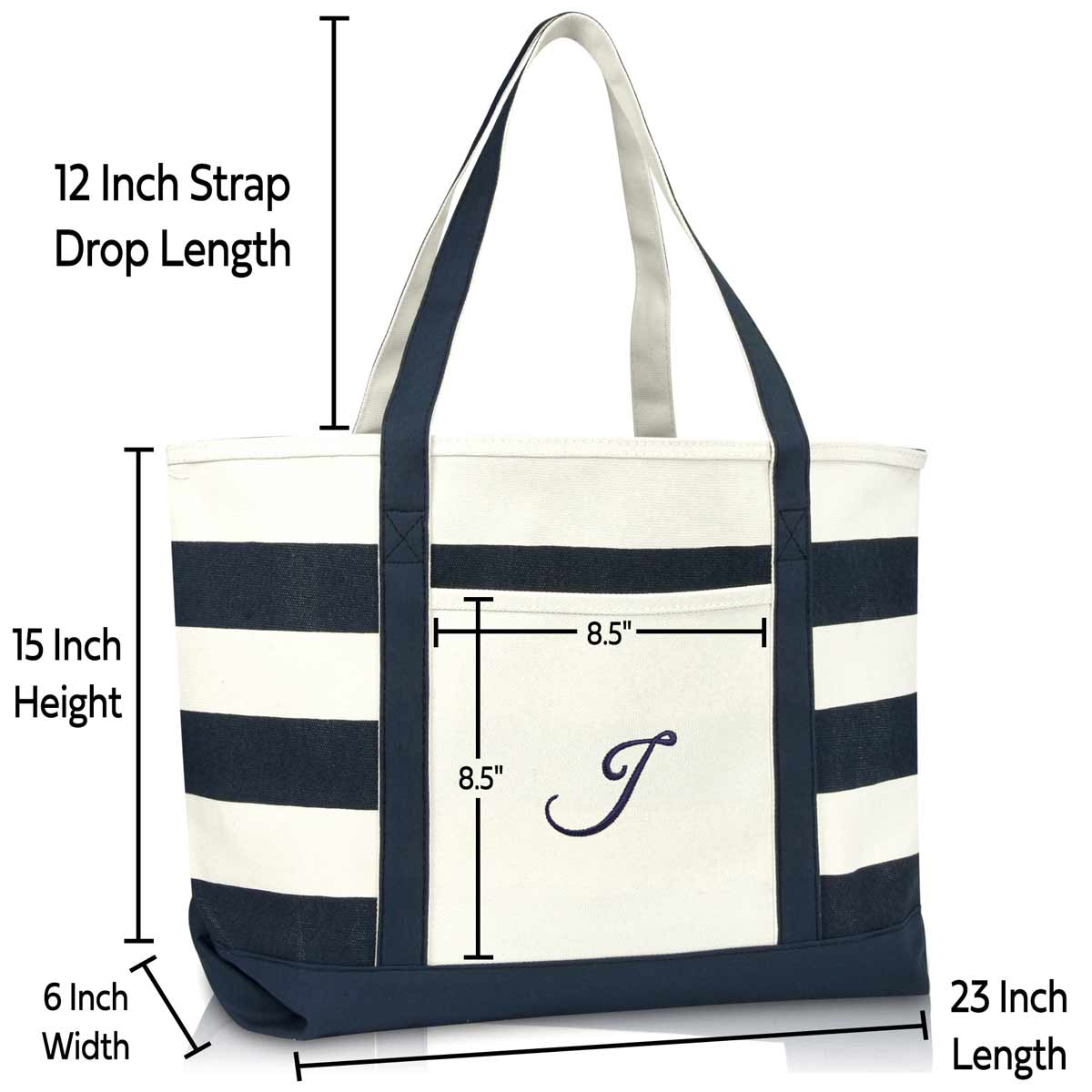 Dalix Premium Beach Bags Striped Navy Blue Zippered Tote Bag Monogrammed A-Z