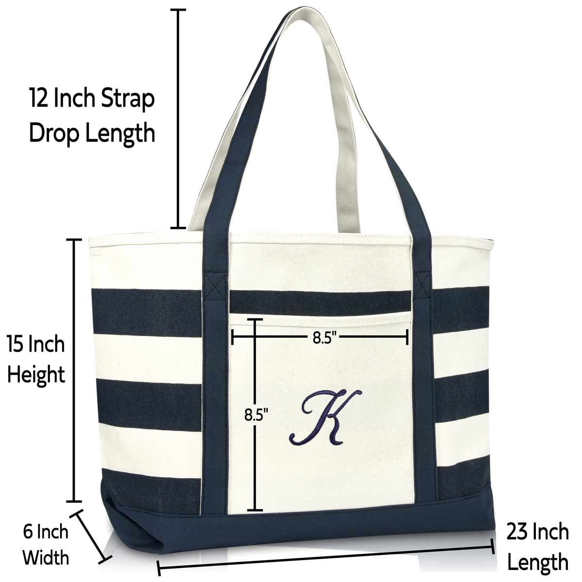 Dalix Premium Beach Bags Striped Navy Blue Zippered Tote Bag Monogrammed A-Z