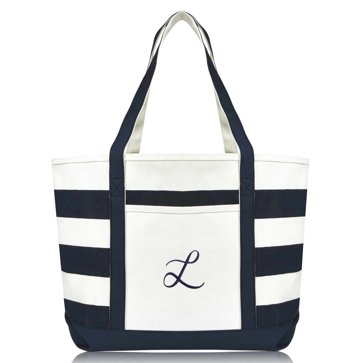 Dalix Premium Beach Bags Striped Navy Blue Zippered Tote Bag Monogrammed A-Z