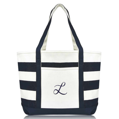 Dalix Premium Beach Bags Striped Navy Blue Zippered Tote Bag Monogrammed A-Z
