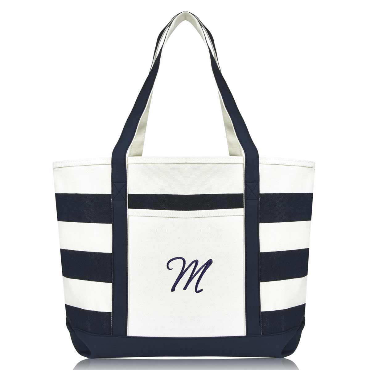 Dalix Premium Beach Bags Striped Navy Blue Zippered Tote Bag Monogrammed A-Z
