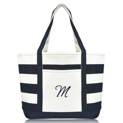 Dalix Premium Beach Bags Striped Navy Blue Zippered Tote Bag Monogrammed A-Z
