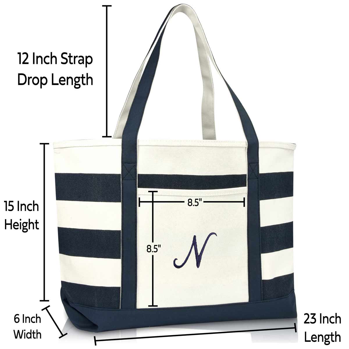 Dalix Premium Beach Bags Striped Navy Blue Zippered Tote Bag Monogrammed A-Z