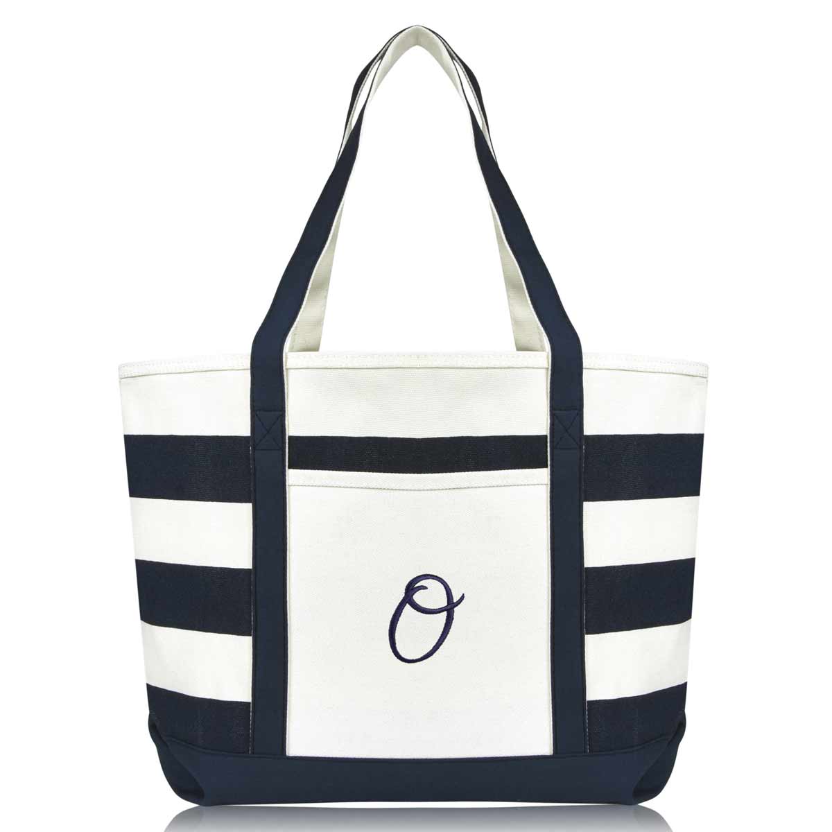 Dalix Premium Beach Bags Striped Navy Blue Zippered Tote Bag Monogrammed A-Z