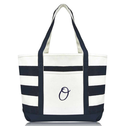 Dalix Premium Beach Bags Striped Navy Blue Zippered Tote Bag Monogrammed A-Z
