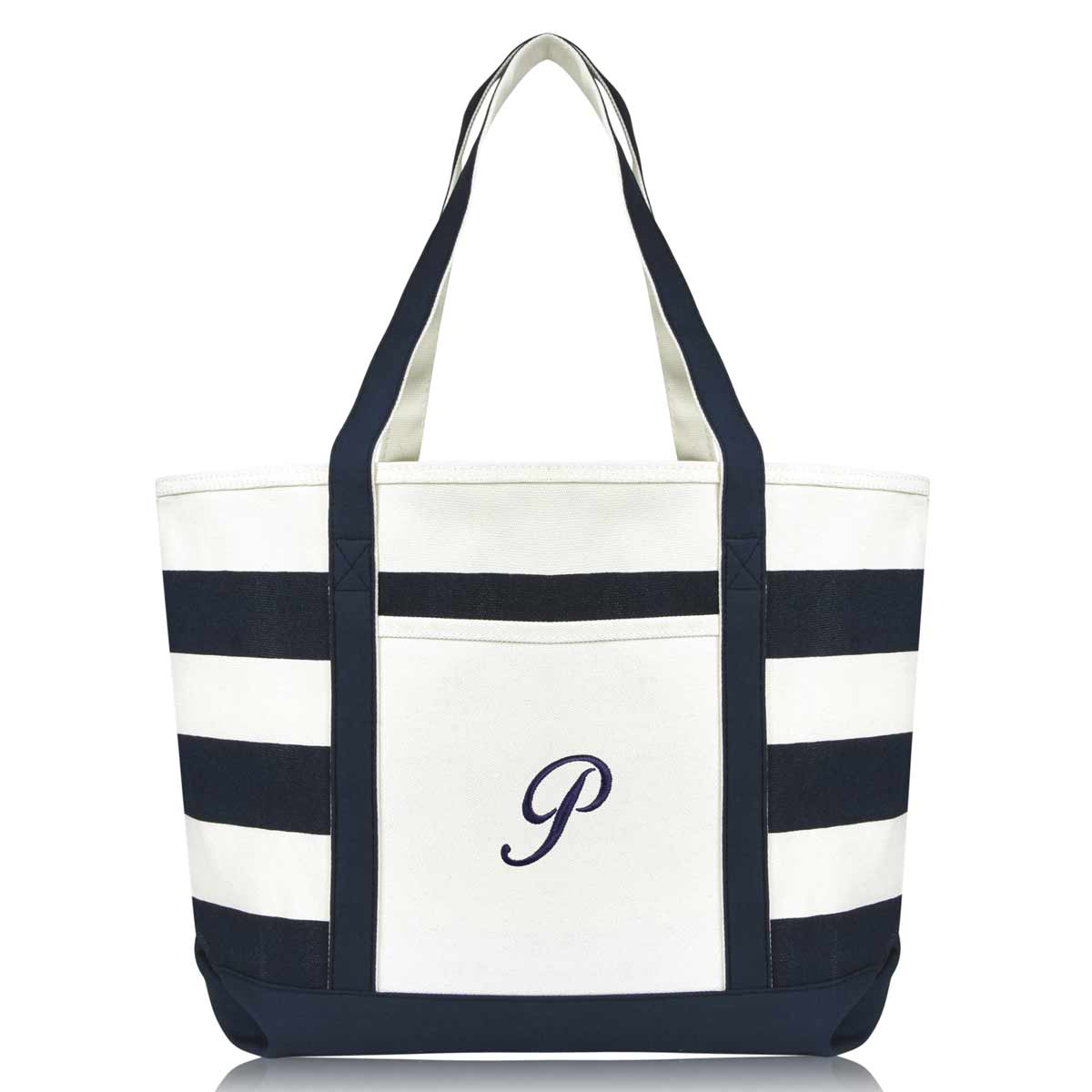 Dalix Premium Beach Bags Striped Navy Blue Zippered Tote Bag Monogrammed A-Z