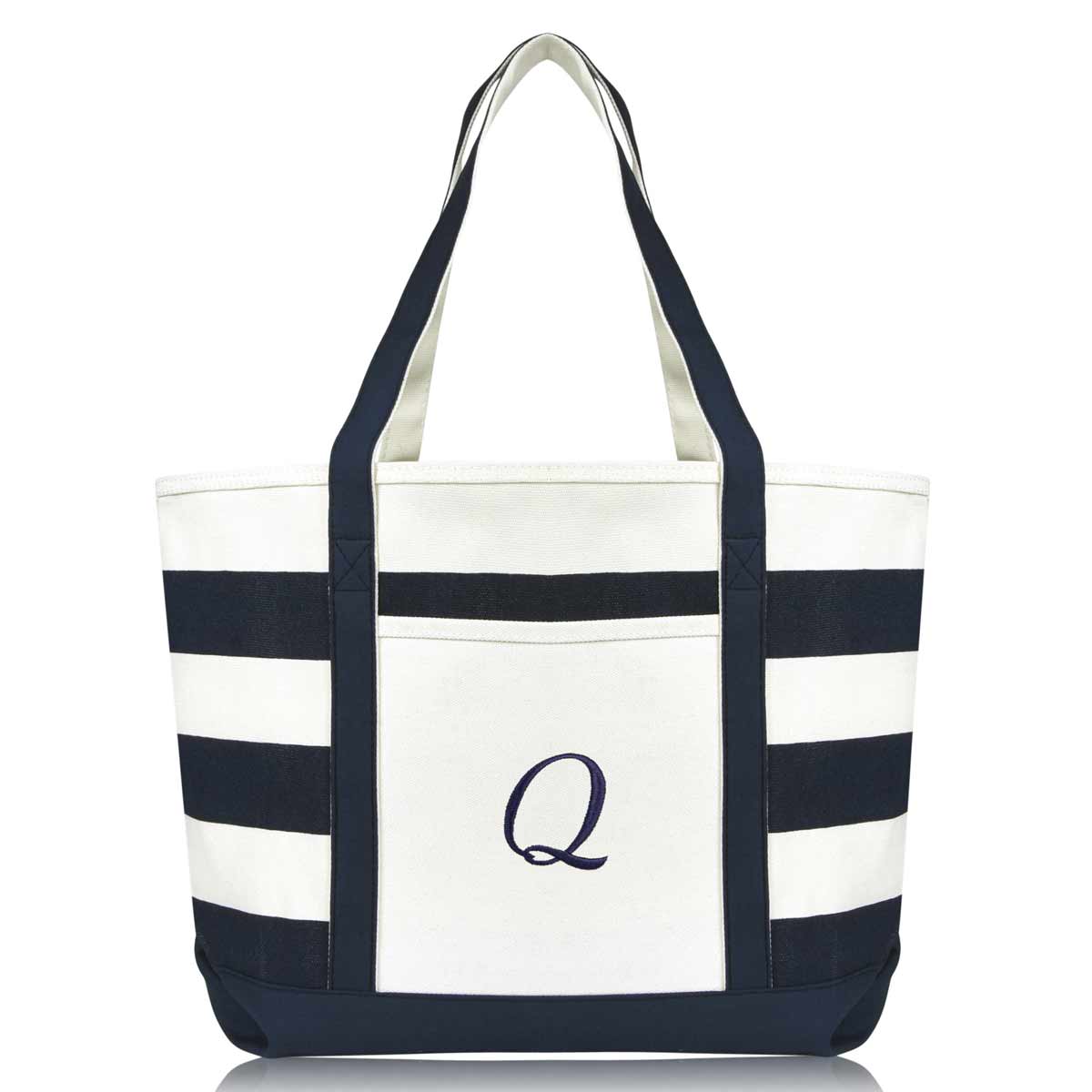 Dalix Premium Beach Bags Striped Navy Blue Zippered Tote Bag Monogrammed A-Z