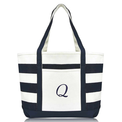 Dalix Premium Beach Bags Striped Navy Blue Zippered Tote Bag Monogrammed A-Z