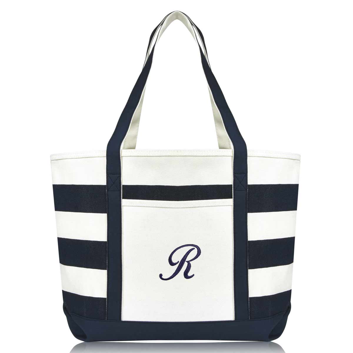 Dalix Premium Beach Bags Striped Navy Blue Zippered Tote Bag Monogrammed A-Z