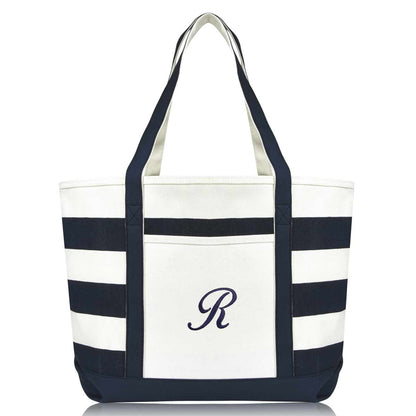 Dalix Premium Beach Bags Striped Navy Blue Zippered Tote Bag Monogrammed A-Z