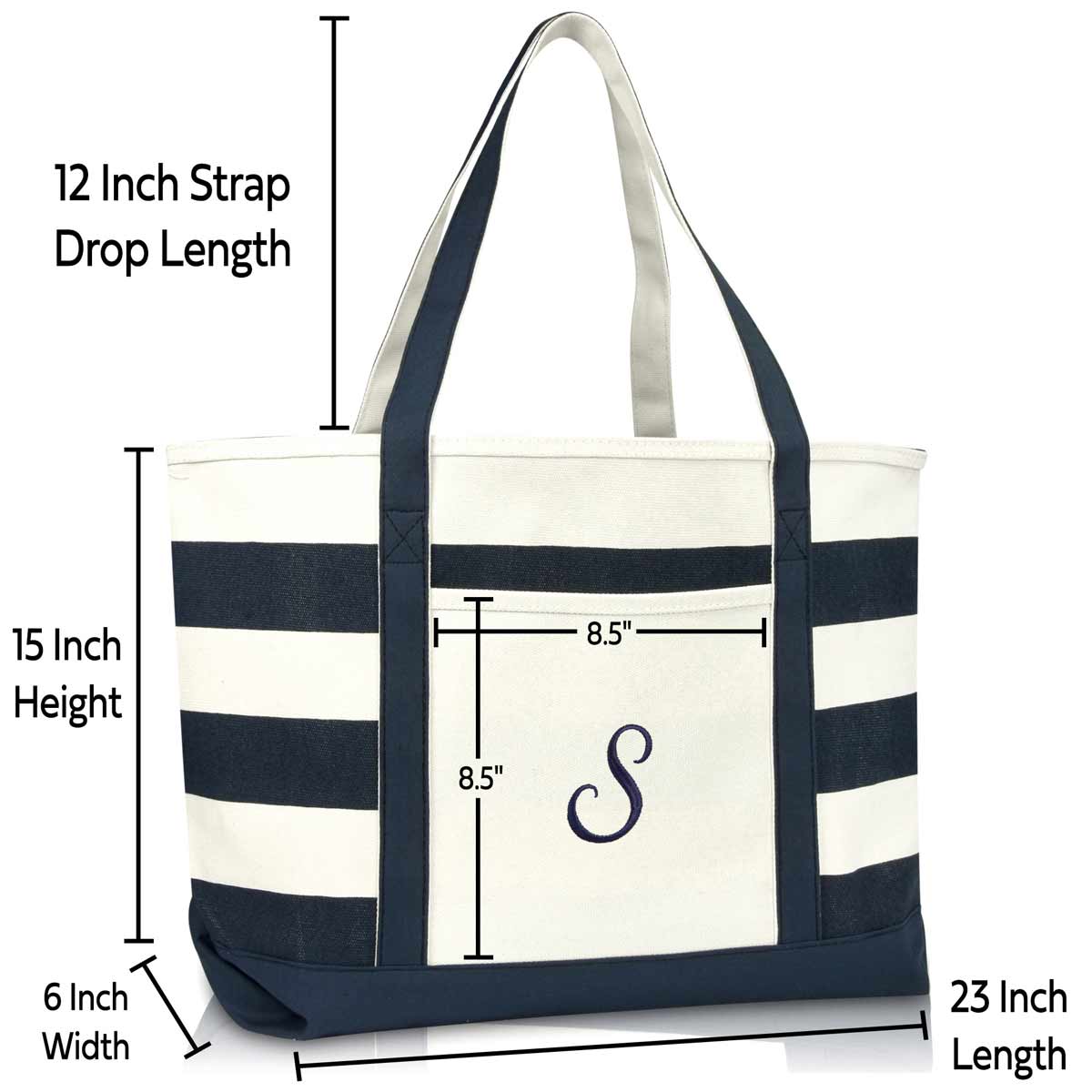 Dalix Premium Beach Bags Striped Navy Blue Zippered Tote Bag Monogrammed A-Z