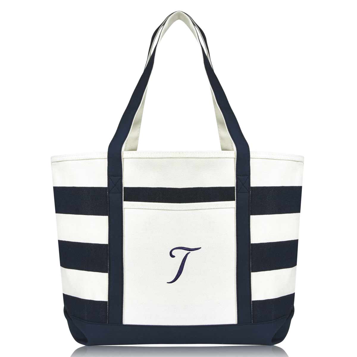 Dalix Premium Beach Bags Striped Navy Blue Zippered Tote Bag Monogrammed A-Z