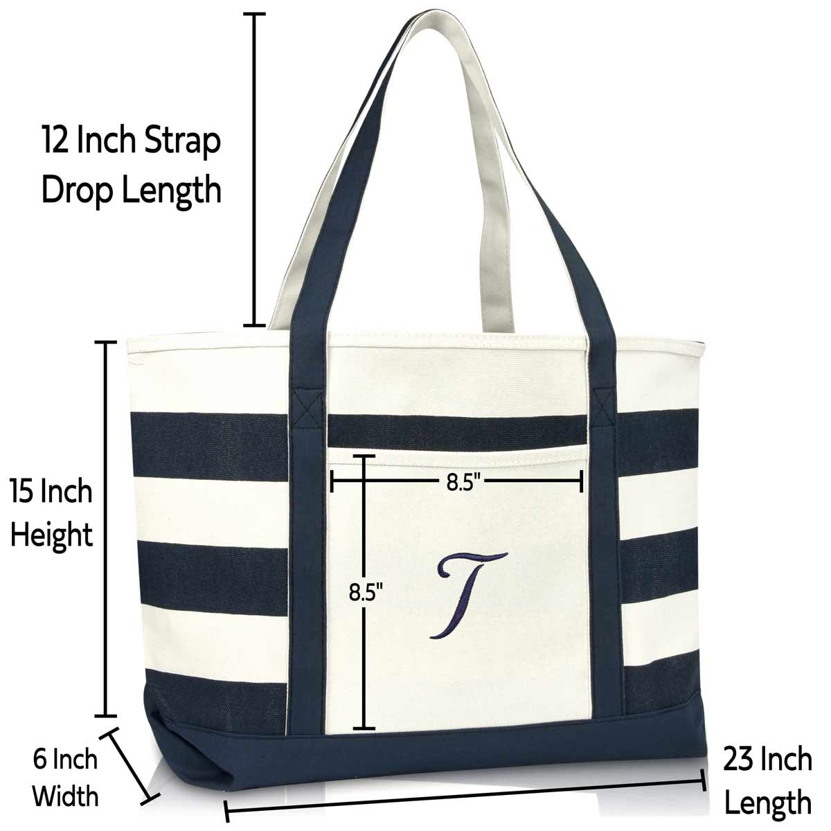 Dalix Premium Beach Bags Striped Navy Blue Zippered Tote Bag Monogrammed A-Z
