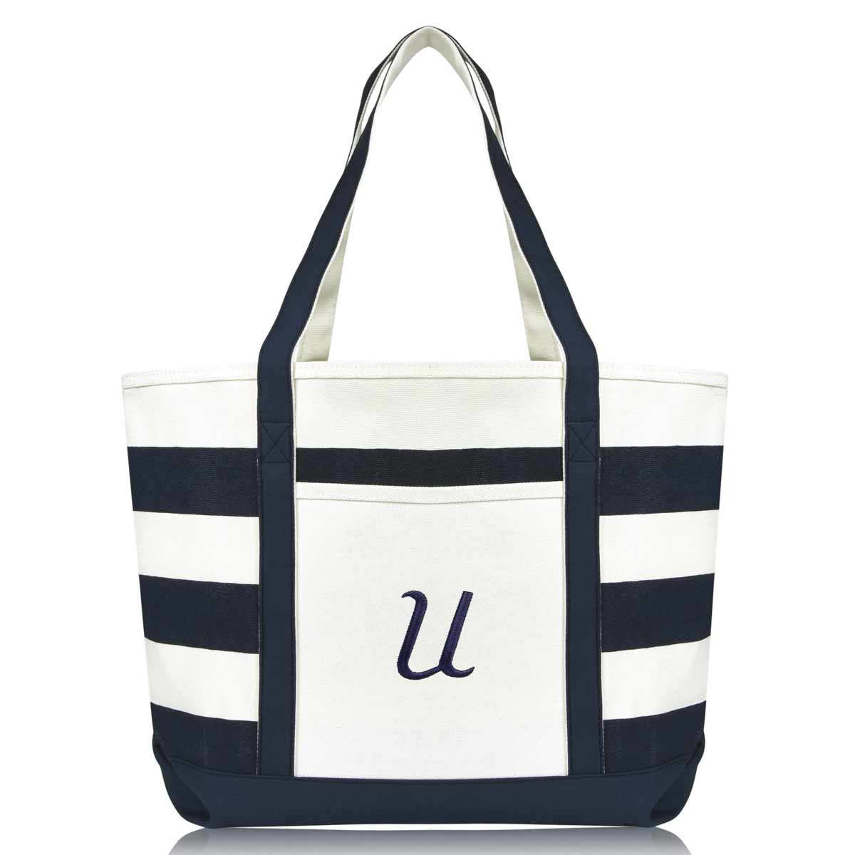 Dalix Premium Beach Bags Striped Navy Blue Zippered Tote Bag Monogrammed A-Z