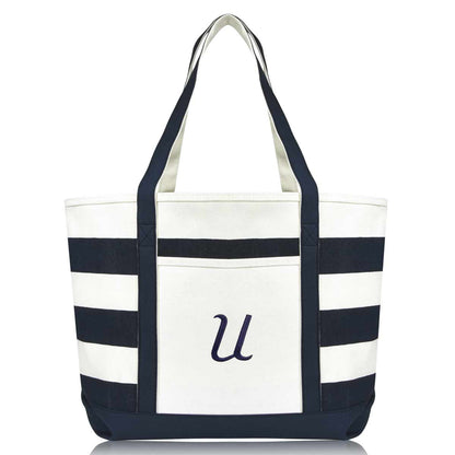 Dalix Premium Beach Bags Striped Navy Blue Zippered Tote Bag Monogrammed A-Z