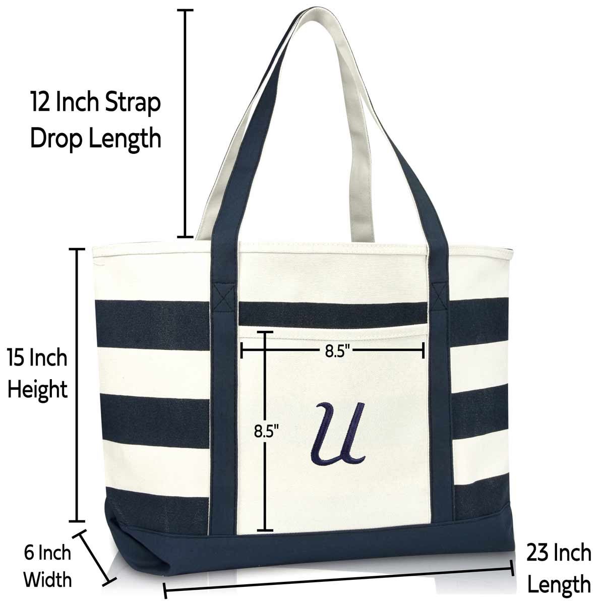 Dalix Premium Beach Bags Striped Navy Blue Zippered Tote Bag Monogrammed A-Z