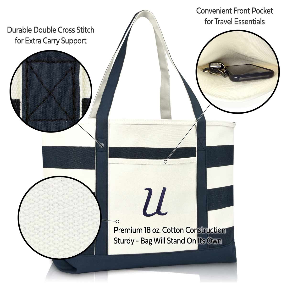 Dalix Premium Beach Bags Striped Navy Blue Zippered Tote Bag Monogrammed A-Z