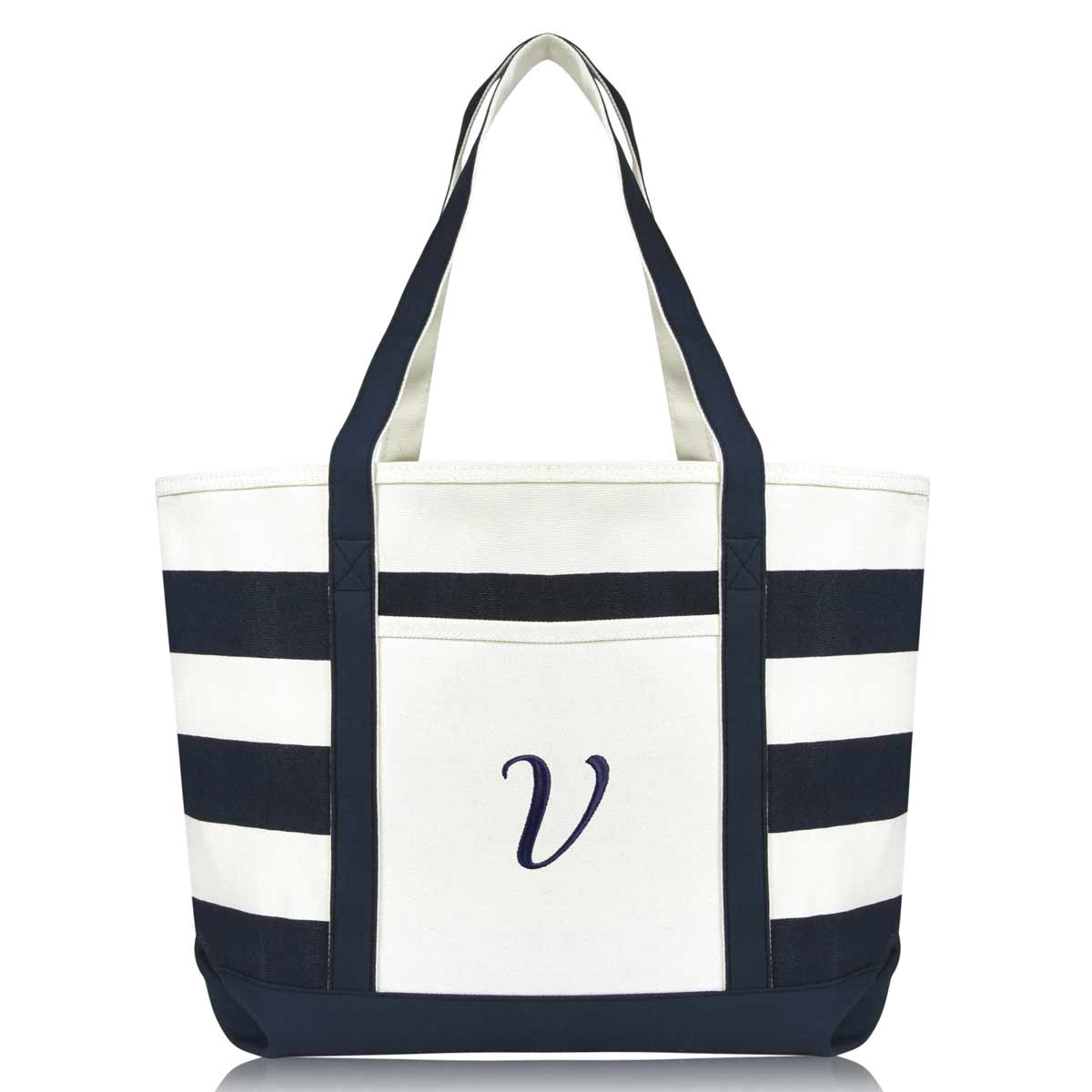 Dalix Premium Beach Bags Striped Navy Blue Zippered Tote Bag Monogrammed A-Z