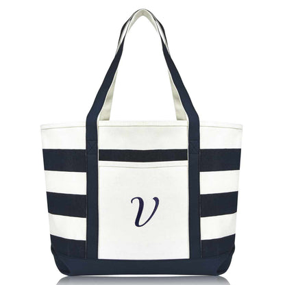 Dalix Premium Beach Bags Striped Navy Blue Zippered Tote Bag Monogrammed A-Z