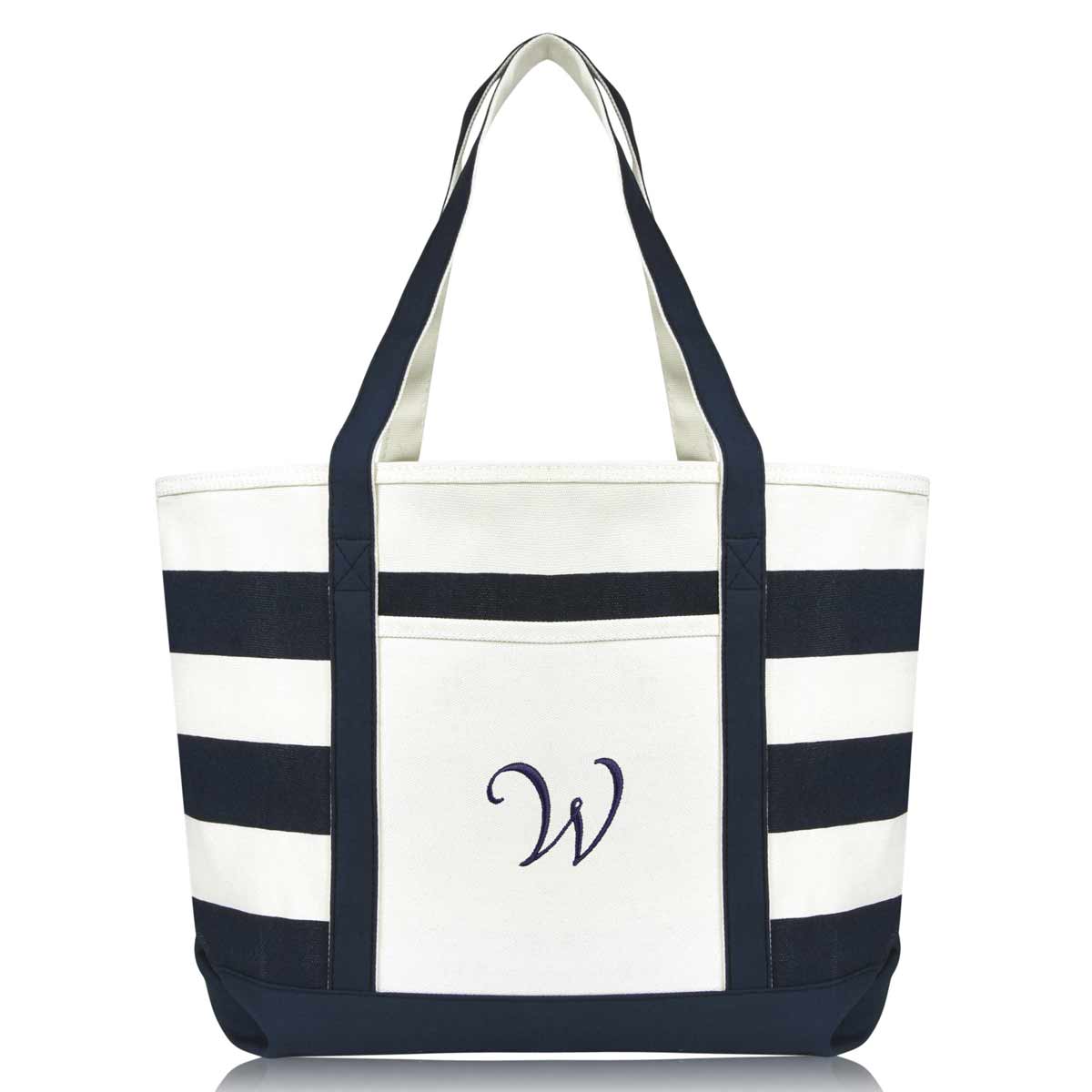 Dalix Premium Beach Bags Striped Navy Blue Zippered Tote Bag Monogrammed A-Z