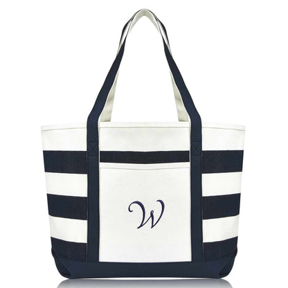 Dalix Premium Beach Bags Striped Navy Blue Zippered Tote Bag Monogrammed A-Z