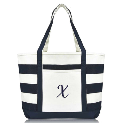 Dalix Premium Beach Bags Striped Navy Blue Zippered Tote Bag Monogrammed A-Z