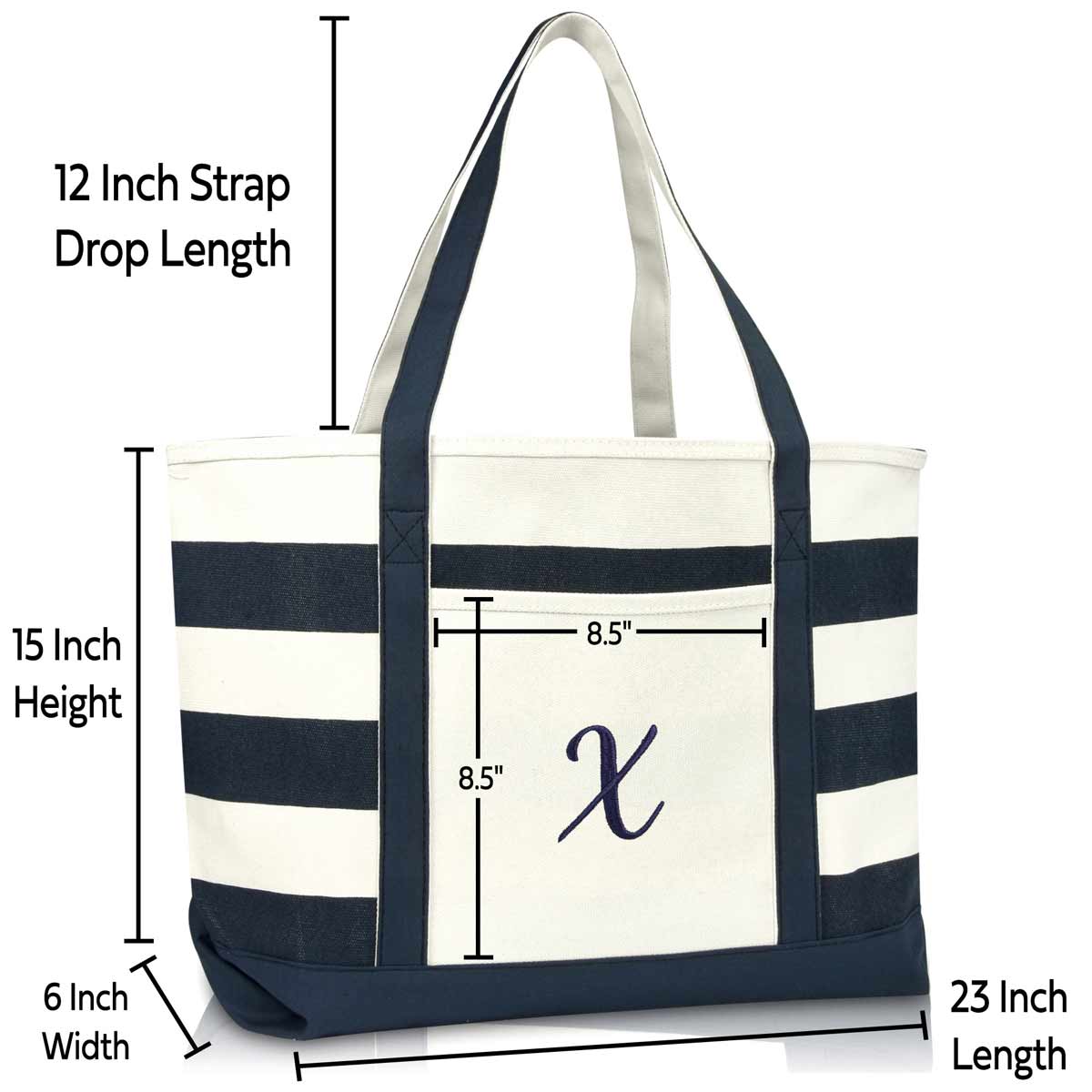 Dalix Premium Beach Bags Striped Navy Blue Zippered Tote Bag Monogrammed A-Z