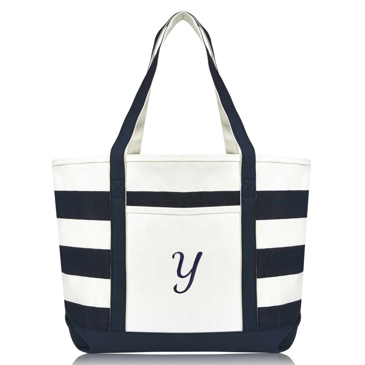 Dalix Premium Beach Bags Striped Navy Blue Zippered Tote Bag Monogrammed A-Z