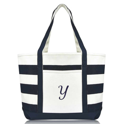 Dalix Premium Beach Bags Striped Navy Blue Zippered Tote Bag Monogrammed A-Z