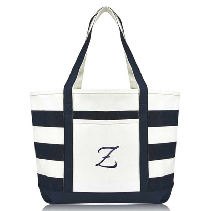 Dalix Premium Beach Bags Striped Navy Blue Zippered Tote Bag Monogrammed A-Z