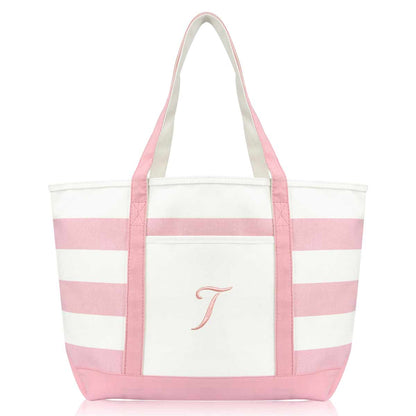 Dalix Striped Beach Bag Tote Bags Satchel Personalized Pink Ballent Letter A - Z