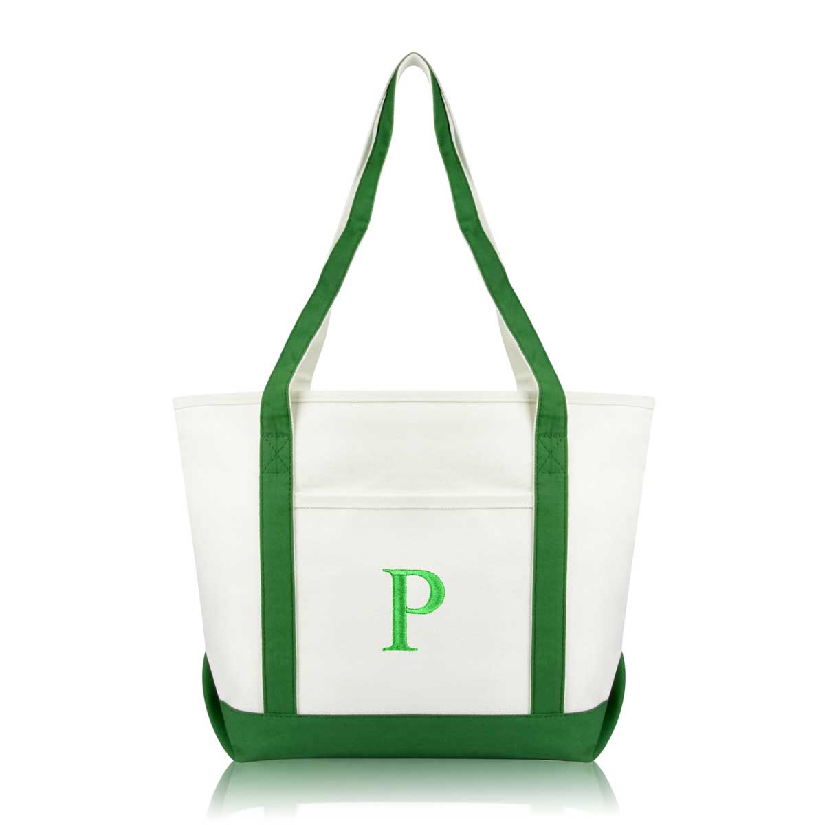 Dalix Medium Personalized Tote Bag Monogrammed Initial Letter - P Dark Green