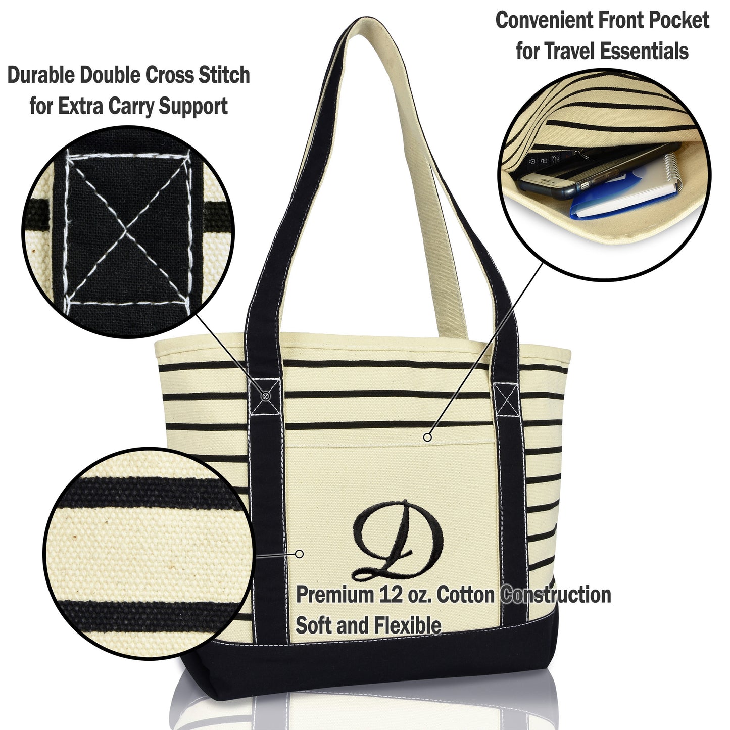 Dalix Striped D-Initial Tote Bag Womens Ballent Letter D
