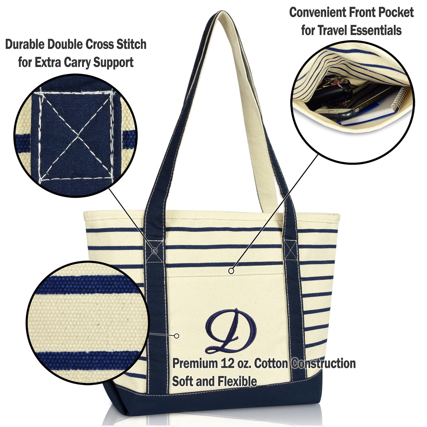 Dalix Striped D-Initial Tote Bag Womens Ballent Letter D