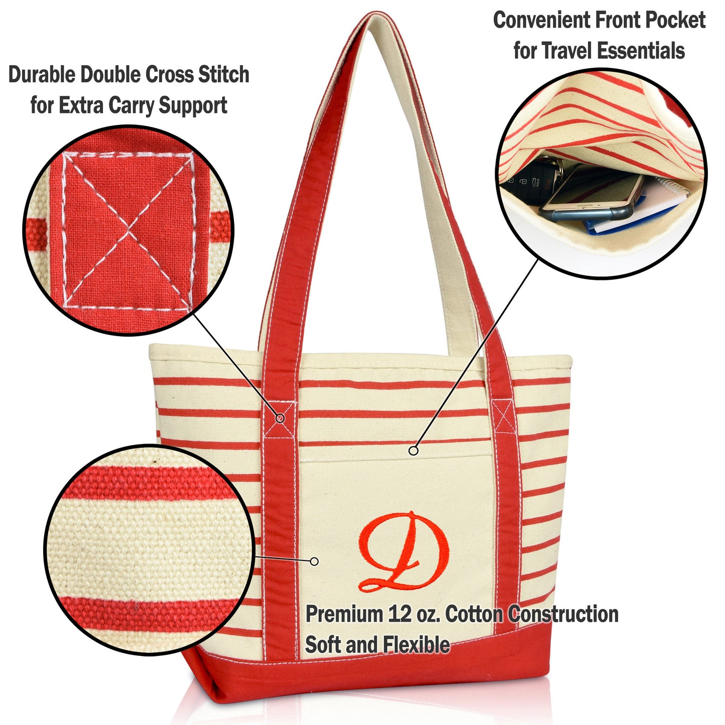 Dalix Striped D-Initial Tote Bag Womens Ballent Letter D