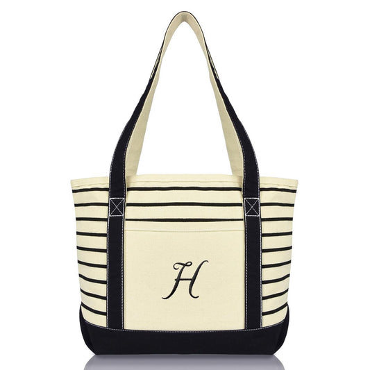Dalix Striped H-Initial Tote Bag Womens Ballent Letter H