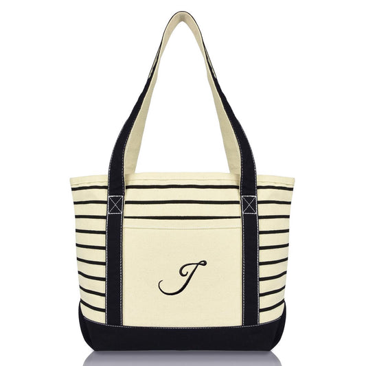 Dalix Striped J-Initial Tote Bag Womens Ballent Letter J