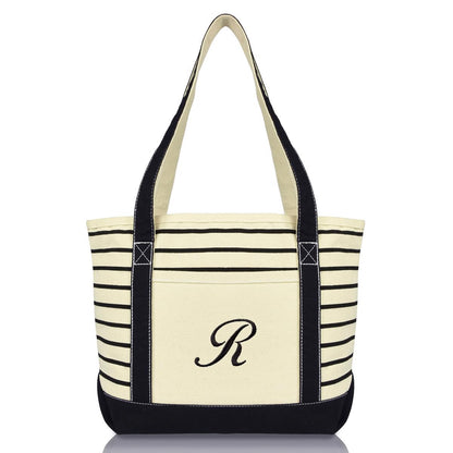 Dalix Striped R-Initial Tote Bag Womens Ballent Letter R
