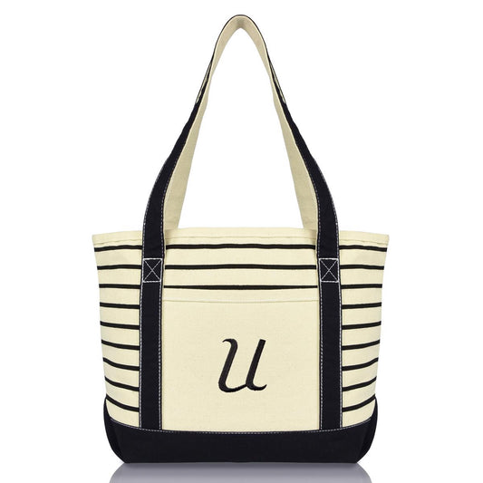 Dalix Striped U-Initial Tote Bag Womens Ballent Letter U