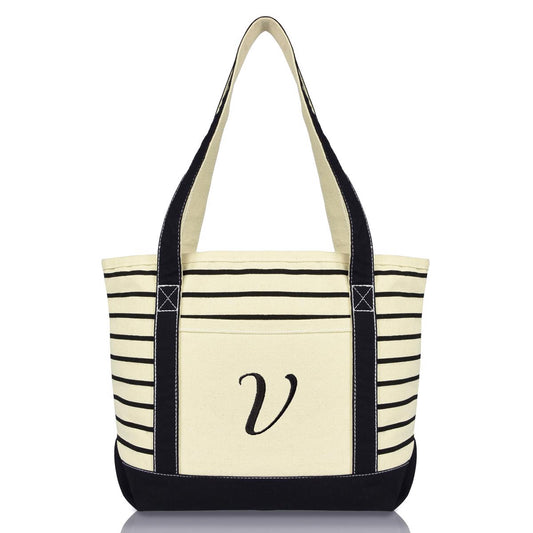 Dalix  Striped V-Initial Tote Bag Womens Ballent Letter V