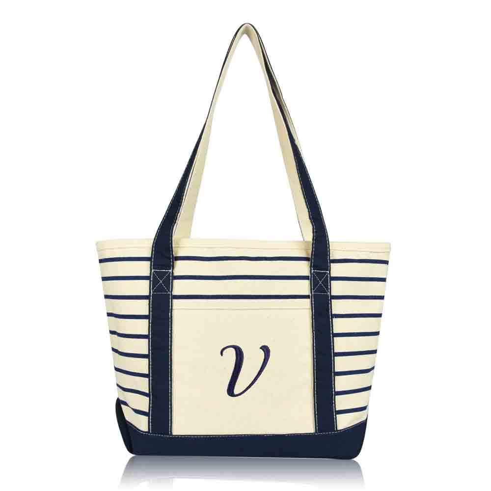 Dalix  Striped V-Initial Tote Bag Womens Ballent Letter V