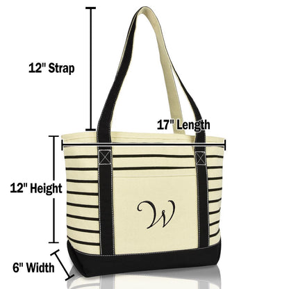 Dalix Striped W-Initial Tote Bag Womens Ballent Letter W
