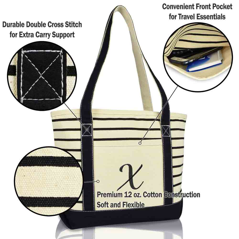 Dalix Striped X-Initial Tote Bag Womens Ballent Letter X