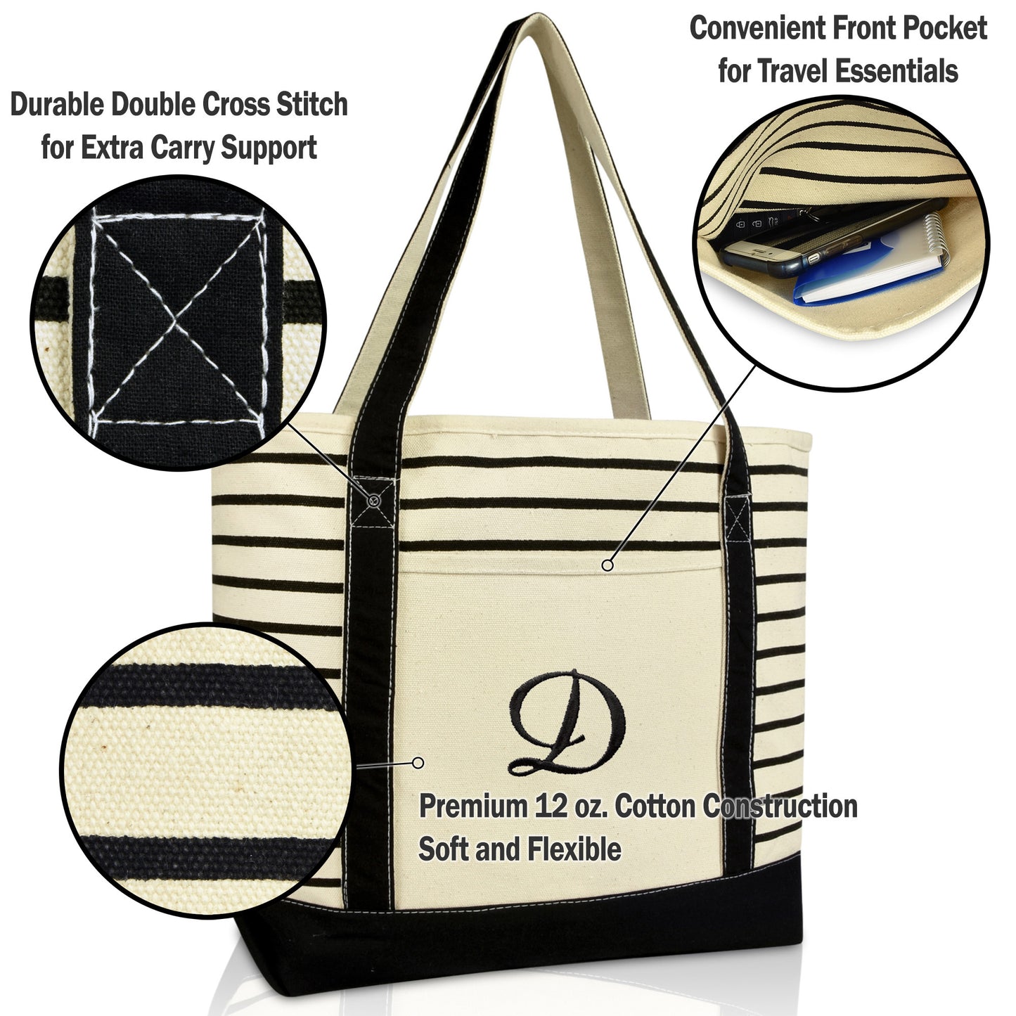 Dalix Striped D-Initial Tote Bag Womens Ballent Letter D