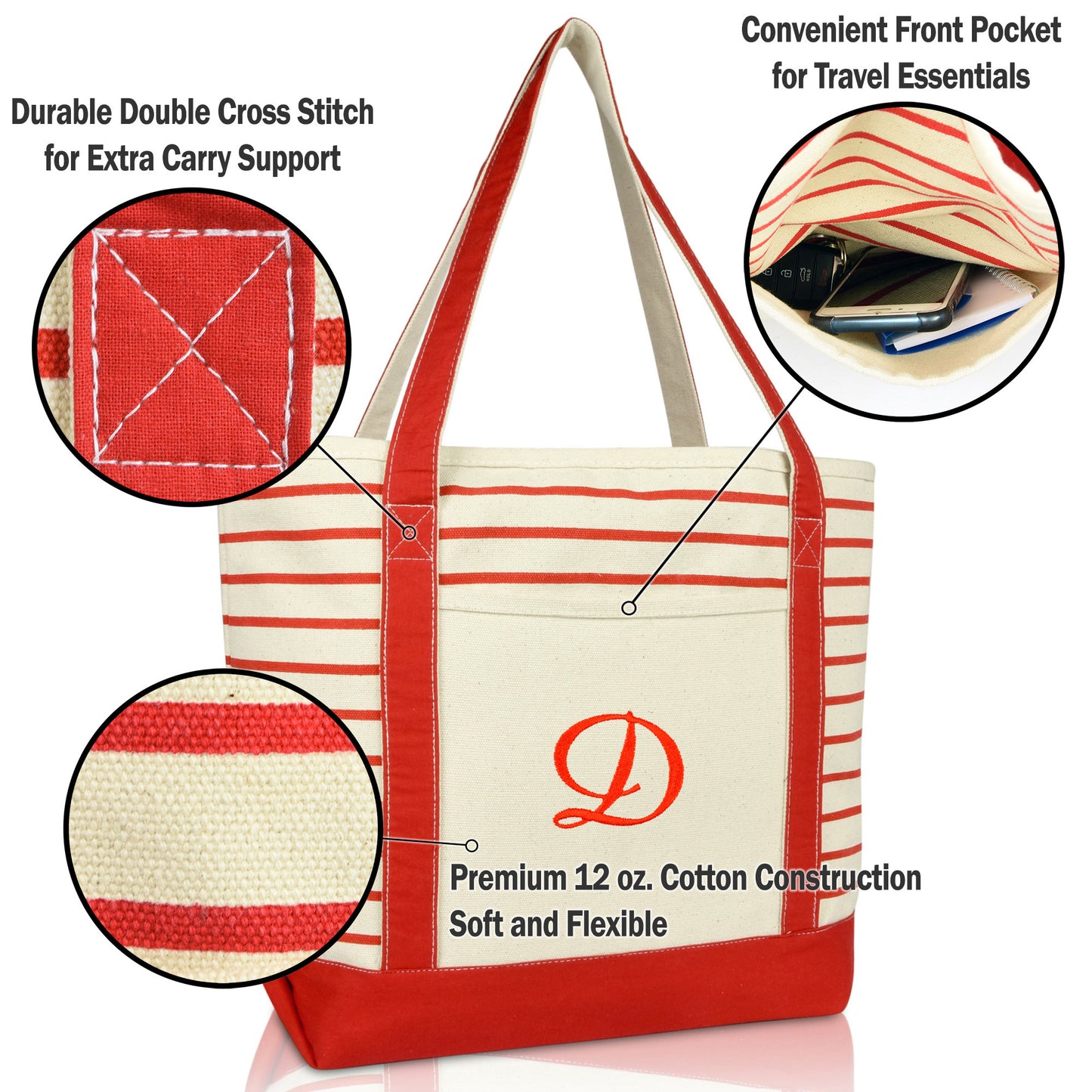 Dalix Striped D-Initial Tote Bag Womens Ballent Letter D
